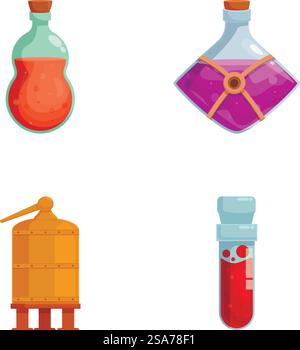 Bunte Vektorabbildungen von Cartoonstil Laborausrüstung, einschließlich Kolben, ein Reagenzglas und ein Wasserbad. Illustrationen für Cartoon-Laborgeräte Stock Vektor