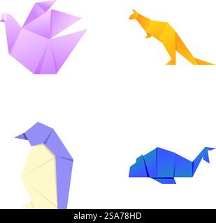 Bunte Origami-Ikonen setzen Cartoon-Vektor. Japanische Origami gefaltete Papierfigur. Zeitvertreib, Hobby. Bunte Origami-Ikonen setzen Cartoon-Vektor. Japanische Origami gefaltete Papierfigur Stock Vektor