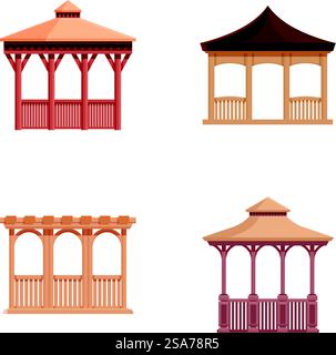 Sammlung von vier Vektor-Illustrationen, die verschiedene Designs von hölzernen Pavillons zeigen. Set aus hölzernen Pavillons im Cartoon-Stil Stock Vektor