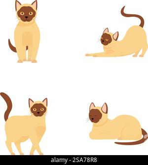 Set aus niedlichen siamkatzen in verschiedenen Posen, perfekt für gestreifte Designs. Verschiedene Posen der Zeichentrickfilm-Illustration der siamkatzen Stock Vektor