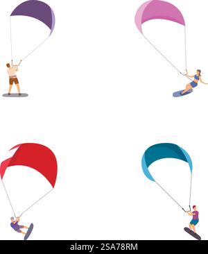 Sammlung von vier Vektorillustrationen, die verschiedene Menschen zeigen, die Fallschirmspringen, isoliert auf weiß. Buntes Fallschirmspringen-Abenteuer-Vektor-Set Stock Vektor