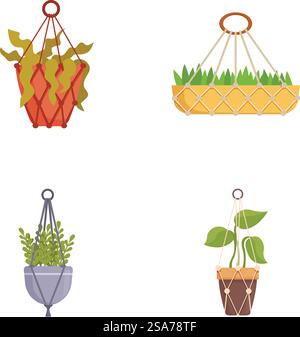 Vektor-Illustration Set mit vier hängenden Pflanzen in verschiedenen dekorativen Töpfen. Set hängender Zimmerpflanzen in Töpfen Stock Vektor