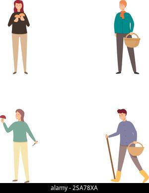 Sammlung von vier Illustrationen, die Personen zeigen, die verschiedene tägliche Aufgaben ausführen. Gruppe von Personen, die alltägliche Aktivitäten ausüben Stock Vektor