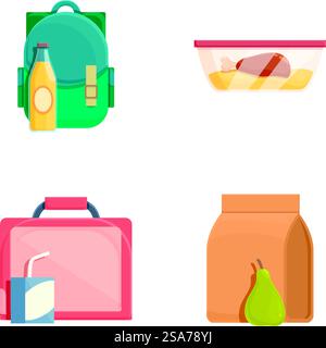 Satz von bunten Vektor-Illustrationen von Lunchbezogenen Gegenständen einschließlich eines Rucksacks, eines Lebensmittelbehälters, einer Lunchbox und einer Papiertüte. Verschiedene Vektorsymbole für Lunch-Elemente Stock Vektor