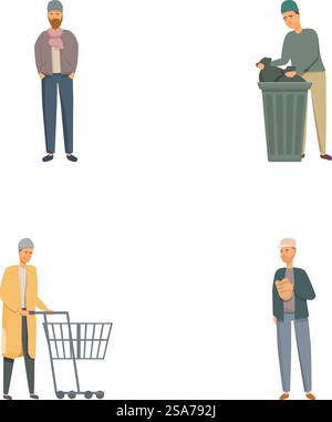 Sammlung von vier flachen Design-Vektor-Illustrationen, die verschiedene Männer zeigen, die sich an den täglichen Routinen beteiligen. Satz von Vektorillustrationen verschiedener Männer im Alltag Stock Vektor