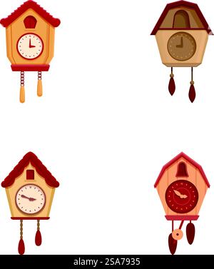 Sammlung von vier traditionellen Kuckucksuhren mit komplizierten Designs, isoliert auf weißem Hintergrund. Set von Vintage Kuckucksuhren isoliert auf weiß Stock Vektor