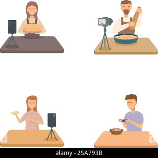Food-Blogger erstellen interessante kulinarische Inhalte durch Videoproduktion. Kochlehrgänge. Und Vorführungen für Online-Plattformen in sozialen Medien. Eine Reihe von Illustrationen mit Food-Bloggern, die kulinarische Tutorials aufzeichnen Stock Vektor