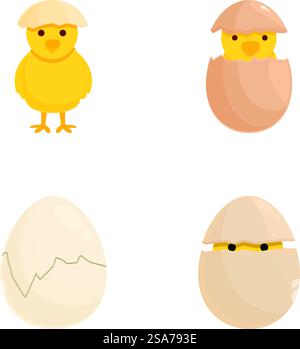 Set aus vier niedlichen Zeichentrickabbildungen, die die Phasen des Lebenszyklus eines Huhns darstellen. Illustration der Lebenszyklusstadien von Cartoon Huhn Stock Vektor