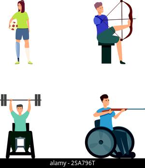 Sammlung von vier Vektorabbildungen, die einzigartige Individuen zeigen, die verschiedene sportliche Aktivitäten ausüben. Verschiedene Illustrationen für Sportbegeisterte Stock Vektor