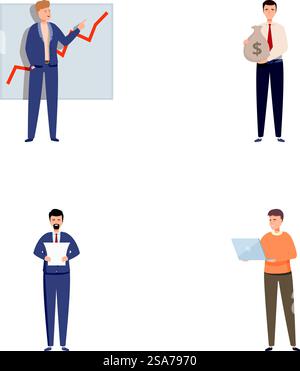 Vier Vektorillustrationen von Geschäftsleuten mit unterschiedlichen Posen in Bezug auf Arbeit und Finanzen. Eine Reihe von Geschäftsleuten, die verschiedene Aktivitäten ausführen Stock Vektor