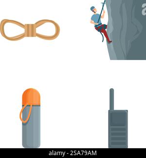Sammlung von Symbolen, die Outdoor-Aktivitäten und wichtige Campingausrüstung zeigen. Outdoor-Abenteuer und Camping-Symbol-Set Stock Vektor
