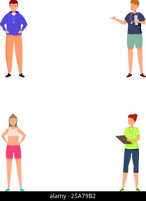 Illustration mit vier verschiedenen Zeichentrickfiguren, die an verschiedenen Aktivitäten und Posen teilnehmen. Set aus verschiedenen Zeichentrickfiguren in verschiedenen Posen Stock Vektor