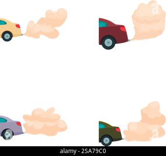 Set aus vier Cartoon-Autos, die starke Abgase ausstoßen, Umweltverschmutzung Konzept. Cartoon-Autos mit Abgasen Stock Vektor