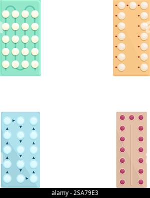 Set mit vier bunten Pillen-Blisterpackungen mit verschiedenen Tabletten und Kapseln. Packung mit verschiedenen Pillen-Blisterpackungen Stock Vektor