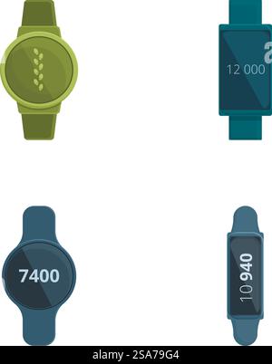Abbildung mit vier verschiedenen Stilen digitaler Smartwatches mit verschiedenen Displays. Satz digitaler Smart-Uhren isoliert auf weiß Stock Vektor