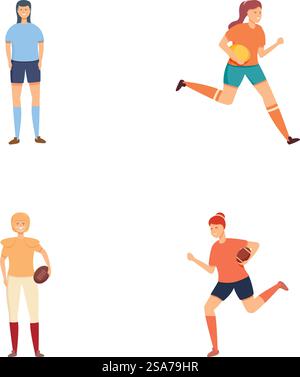 Illustration von vier Athleten aus verschiedenen Sportarten, die posieren und in Bewegung sind. Set aus verschiedenen Athleten in Aktion Stock Vektor