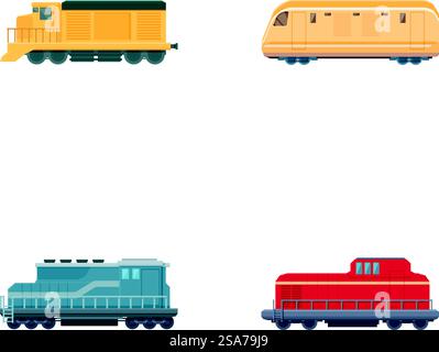 Illustrationssammlung mit vier Arten von bunten Cartoon-Eisenbahnwagen, isoliert auf weißem Hintergrund. Vektorsatz von Cartoon-Zugwagen Stock Vektor