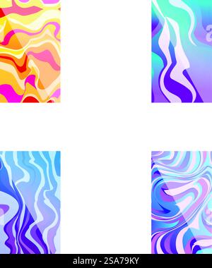 Sammlung von vier Hintergründen mit farbenfrohen, fließenden Wellenmustern. Set aus abstrakten, welligen Motiven Stock Vektor
