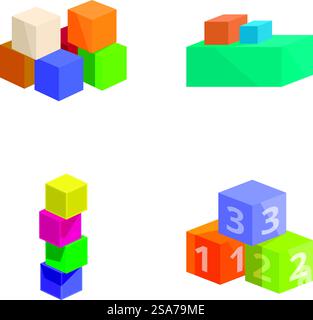 Sammlung lebendiger geometrischer 3D-Formen, einschließlich gestapelter Würfel und numerischer Blöcke. Set aus farbigen geometrischen 3D-Blöcken Stock Vektor