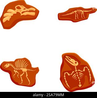 Sammlung prähistorischer Fossilien von Dinosauriern und Zeichentrickkunstwerken für Lehrmaterial, Museumsausstellungen und Lernressourcen für Kinder. Sammlung von vier Illustrationen im Cartoonstil mit verschiedenen Dinosaurierfossilien Stock Vektor