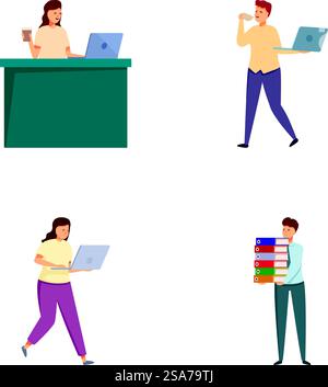 Sammlung von vier Abbildungen, die Personen zeigen, die in verschiedenen Büroaktivitäten tätig sind. Gruppe von verschiedenen Personen, die Aufgaben am Arbeitsplatz ausführen Stock Vektor