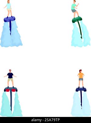 Vier Abbildungen, die Personen zeigen, die auf Wasserdüsen über dem Wasser fliegen, isoliert auf weiß. Eine Gruppe von Menschen auf Wasserdüsen über dem Meer Stock Vektor