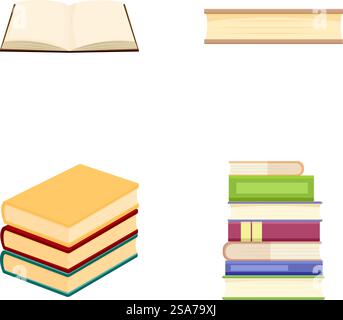 Buntes Sortiment an Buchillustrationen in Vektorgrafik für pädagogische und akademische Zwecke. Perfekt für Liebhaber von Literatur und Wissen. Mit einer Vielzahl von Büchern. Abdeckungen. Sammlung von Vektorillustrationen mit verschiedenen Buchdesigns, sowohl offen als auch gestapelt Stock Vektor
