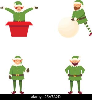 Set aus vier fröhlichen Cartoon-weihnachtselfen bereit für die Weihnachtszeit. Sammlung von niedlichen weihnachtselfen in verschiedenen Posen Stock Vektor