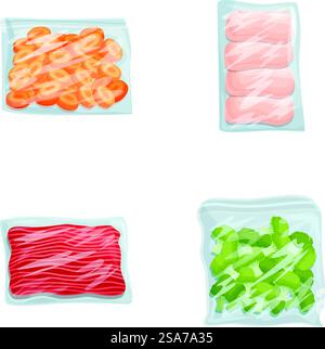 Abbildung: Vakuumversiegelte Lebensmittelverpackungen für Fleisch. Gemüse. Und Meeresfrüchte in transparenter Kunststoffverpackung zur Aufbewahrung im Gefrierschrank. Die Technologie wird vorgestellt. Hygienisches Design. Digitale Illustration verschiedener saugversiegelter Lebensmittel, einschließlich Fleisch und Gemüse Stock Vektor