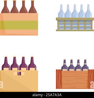 Sammlung von bunten Vektorillustrationen mit verschiedenen Arten von Bierflaschenkisten. Vektorsatz von Bierflaschenkisten Stock Vektor