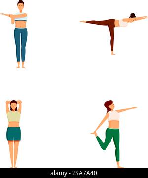 Set aus vier verschiedenen Yoga-Posen, demonstriert von einer Frau, isoliert auf weißem Hintergrund. Yoga-Posen-Sammlung isoliert auf weißem Hintergrund Stock Vektor