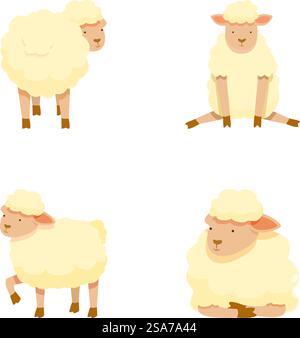 Entzückende Zeichentrickschaf-Kollektion mit niedlichen Bauernhoftieren und verspielten Figuren-Illustrationen in Vektor-Grafik für Kinder&rsquo;s Kinderzimmer-Kunstwerke, Landwirtschaft und gemütliche Bauernszenen. Set aus vier niedlichen Zeichentrickschafen in verschiedenen Posen auf weißem Hintergrund Stock Vektor