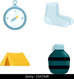 Unverzichtbare Campingsymbole für Outdoor-Abenteuer, mit Kompass, Socken, Zelt, Wasserflasche, und vieles mehr im flachen Design-Vektor. Perfekt für Wanderungen, Reisen und Überlebensprojekte. Sammlung von vier flachen Symbolen, die Campingausrüstung zeigen, einschließlich Kompass, Socke, Zelt und Wasserflasche Stock Vektor