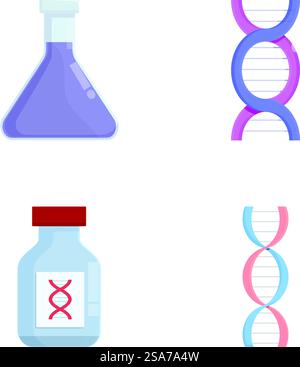 Sammlung von farbenfrohen Vektorsymbolen, die Themen des Labors und der Genetik darstellen. Symbole für Wissenschaft und Biotechnologie Stock Vektor