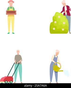 Illustrationssammlung mit älteren Personen, die an verschiedenen Gartenarbeiten im Freien teilnehmen. Gruppe älterer Menschen, die Gartenarbeit betreiben Stock Vektor