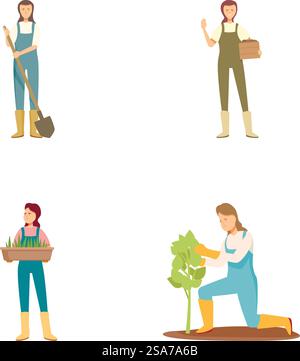 Sammlung von vier Vektorillustrationen, die eine Landwirtin in verschiedenen landwirtschaftlichen Tätigkeiten zeigen. Eine Reihe von Illustrationen für weibliche Landwirte Stock Vektor