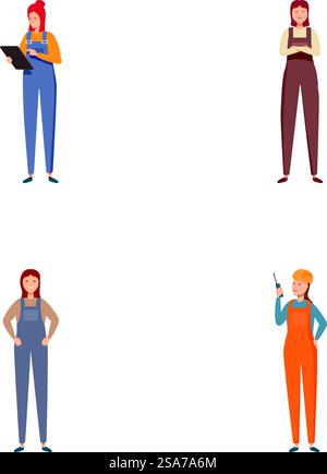 Sammlung illustrierter Frauenfiguren in verschiedenen Berufs- und Freizeitpositionen. Eine Reihe verschiedener Frauen in verschiedenen Positionen und Berufen Stock Vektor