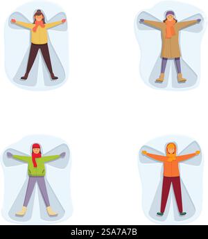 Vier farbenfrohe Illustrationen von Menschen, die Schneeengel in verschiedenen Outfits herstellen. Winter Schnee Engel Illustration Set Stock Vektor