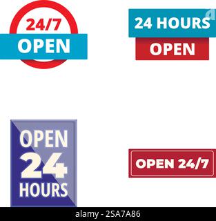 Sammlung von vier verschiedenen 247 offenen Schildern in lebendigem, flachem Design, isoliert auf weiß. Set mit 247 offenen Schildern in flacher Ausführung Stock Vektor