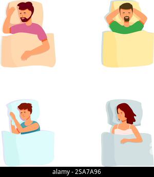 Illustration von vier Personen mit unterschiedlichen Schlafbeschwerden, die Unruhe und Schlaflosigkeit ausdrücken. Eine Gruppe von Menschen, die Schlafstörungen haben Stock Vektor