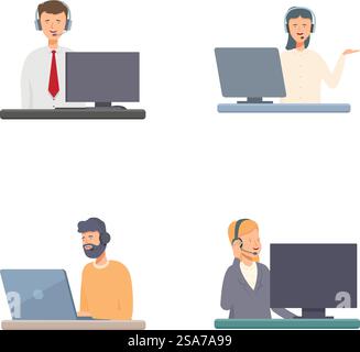 Vier Abbildungen zeigen Kundendienstmitarbeiter mit Headsets in verschiedenen Posen und ethnischen Zugehörigkeiten. Vielfältige Kundendienstmitarbeiter bei der Arbeit Stock Vektor