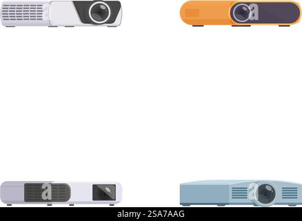 Sammlung von vier Vektorillustrationen, die verschiedene Stile zeitgenössischer Projektoren zeigen. Vektorsatz moderner Projektoren Stock Vektor