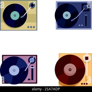 Detailgetreue Vintage-Drehtisch-Set-Illustration im farbenfrohen Retro-Stil mit stilvoller Ausstattung und modernem flachem Design, perfekt für Musik-Grafik-Design-Kollektion. Sammlung von vier stilisierten Vektorillustrationen klassischer Schallplattenspieler Stock Vektor