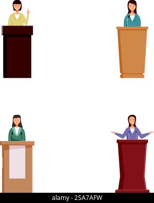 Set aus vier verschiedenen Geschäftsfiguren, die von Podesten in flachem Design präsentiert werden. Verschiedene Comic-Geschäftsleute präsentieren Stock Vektor