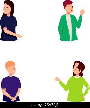 Diverse and friendly cartoon characters gesturing and communicating with hand gestures in colorful and modern illustrations. Set of four illustrated characters showing various hand gestures and expressions Stock Vektor