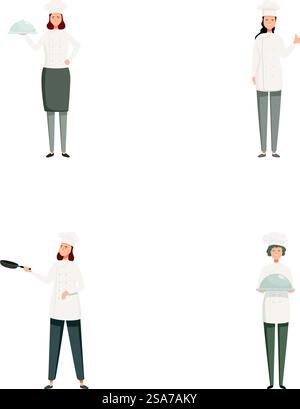 Sammlung von vier Vektorillustrationen mit weiblichen Cartoon-Köchen in verschiedenen Posen und mit Kochutensilien. Set von weiblichen Cartoon-Köchen in verschiedenen Posen Stock Vektor