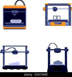 Abbildung mit verschiedenen Modellen von 3D-Druckern, ideal für Technologie- und Fertigungskonzepte. Satz moderner 3D-Drucker isoliert auf weißem Hintergrund Stock Vektor