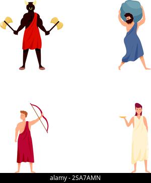 Illustrationsset mit Figuren aus der griechischen Mythologie, darunter ein Krieger, Bogenschützen und Einzelpersonen, die Artefakte halten. altgriechische Mythologie-Charaktere Set Stock Vektor