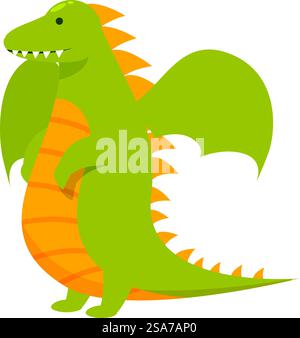Cartoon-Illustration eines lächelnden grünen Drachen mit einem orangen Unterbauch und Stacheln. Freundlicher grüner und orangener Drache, der steht und lächelt Stock Vektor