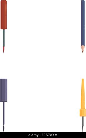 Sammlung von 4 farbenfrohen, minimalistischen Zeichentrickstiften auf weißem Hintergrund. Set von Zeichentrickstiften isoliert auf weiß Stock Vektor